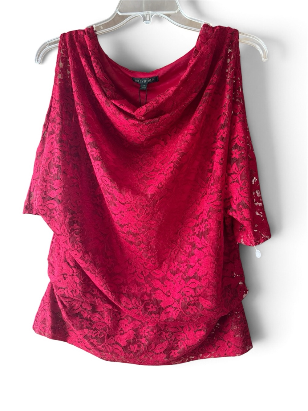 NWT For Cynthia Red Lace Open Shoulder Short Sleeve Top